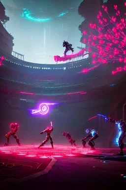 cyborgs fighting against each other in roman colosseum, perfect, sharp,red blossoms, laserweapongs,8k quality, cyberpunk art, neon lights, rustical, old technology, pink shining, showkampf, antik, römisches empire, wide angle