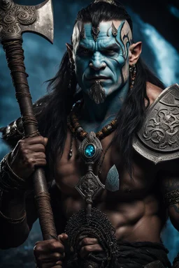 portrait of an orc king. Tribal Tattoo. Dark braided hair and ice blue eyes. smiling. Half of his head is shaved. wearing jewellery. Carrying a battleaxe. High resolution. 4K. 8K. Dark Fantasy style. Cave in the background