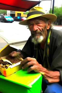 homeless man high on tacos