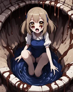 Anime girl with big eyes, darkblue and sepia tones, fullbody, slime, the perspective looking up from the bottom of an empty well, rolling eyes, tongue out, blood drip, open mouth,