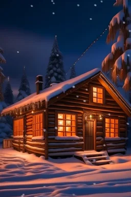 winter log cabin in the woods pine trees christmas tree snowy night colored garlands