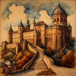 A mixed-media picture of Lutsk XIX-th century, created in the style of Bohdan Pylypiv — combining pyrography with delicate watercolor accents. The main outlines and facial features are rendered with fine woodburned lines, rich in sepia tones and texture, pastel colors