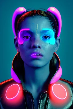 Ultra Realistic image, Rosalía artist, waist up portrait, black eye line, sweet angry face , gold, blue, pop style, pink spray line make up, geometric, led lights, neon, rings piercing, led ornament, fog, bubble latex coat, vibrant color, highly detailed, art stations, concept art, smooth, unreal engine 5, god rays, ray tracing, RTX, lumen lighting, ultra detail, volumetric lighting, 3d, finely drawn, high definition, high resolution.