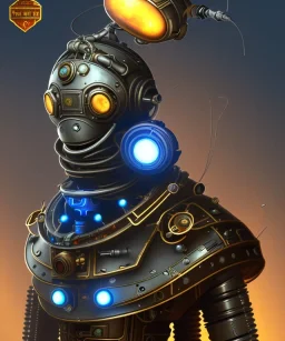 evil mechanoid person with a steampunk theme, realistic