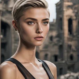 32k uhd, a close up portrait photo of 18yo, mix (elizabeth debicki sara sampaio rose namajunas gemma ward), short haircut, tanned skin, hyper muscular body, background is city ruins, (high detailed skin:1.2), 8k uhd, dslr, soft lighting, high quality, film grain, Fujifilm XT3