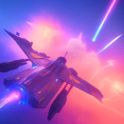 a crystalised blue pink spaceship, gold, diamonds, lightbeams, cosmic background, atmospheric, realistic, unreal engine, 8k. Cinematic lighting, octane render.