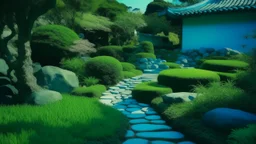 Contemplative and japanese-style realist photo of a Portugal garden. Shapes are grainy and with a little blur. Colors are vivid, electric blue, electric green and electric grey.