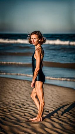 beautiful anorexic woman, standing frontal, full body shot, short shiny triathlon swimsuit, wavy bob haircut, photographed on the beach, raw