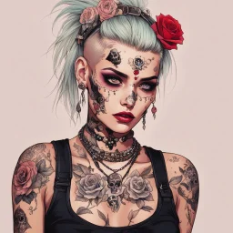 youthful Tank Girl, her dreamy eyes, with lovely skeletal tattoos adorned in delicate skulls, roses, and bones