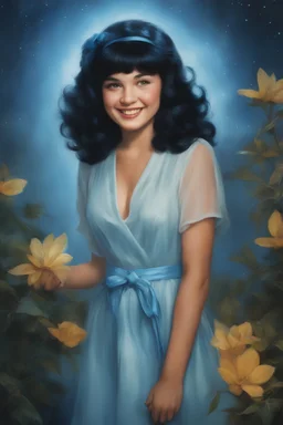 full color, full body portrait, smiling 18-year-old Betty Rubble with (((Black Hair))), (((blue eyes))), (((Blue ribbon in her hair))), 32k, UHD, Professional Photo -- Botany - Starry - Retro Pop - Dark Fantasy - Horror - Festive - Realistic - 32k, UHD, professional quality, 8 x 10 digital photograph