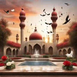 Hyper Realistic red, brown, black, golden & white multicolor grungy rustic textured Mosque with beautiful fountain & white rose garden with beautiful sunset & birds flying