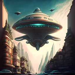 epic, intricate details, high detail, modern city, one small alien retro ufo in the sky, wiew from the streets