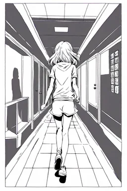 blonde girl runs in a corridor, back view, line arts, manga style