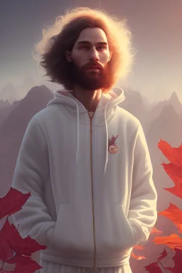 neanderthal portrait , white jogging suite, at dawn by atey ghailan, golden light , holding leaves and flowers , angels background, volumetric light, high detail, red leaf tree, mountains in background, perfect