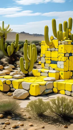 A yellow desert with cactuses designed in Ica stones painted by Piet Mondrian