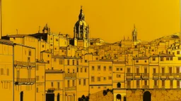 A golden yellow Spanish like town painted by Andy Warhol