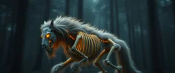 radiant werewolf horse thick Skeleton with lotsa fluffy fur, motion blur background dark forest