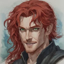 dnd, fantasy, watercolour, large strokes, stylistic, portrait, illustration, dull colours, male, face, narrow long face, weathered face, green eyes, determined, smiling, red hair, very long hair streaming down the shoulders, lush hair, radiating light, five o'clock shadow, elegant, short small mouth, wide smile