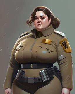 A chubby woman wearing a futuristic, skin-tight military uniform, shoulder-length brown hair, full body. Trending on ArtStation. Semi-realistic, painted style.
