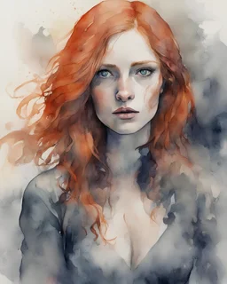 watercolor work psychology erect subject women eye candy ginger hair vampire Raven. sullen, unhappy expression, sour. Hate. Distrust. Seeping shadows like smoke come out gray a. Full body. Arms down at her sides women adult. Nineteen. psychology erect subject is a beautiful long, long ginger hair female in a style women eye candy Old women Ginger hair Alexandra "Sasha" Aleksejevna Luss watercolor work