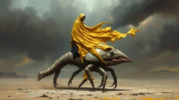 Una figura alta y sin rostro, envuelta en un manto de seda amarilla andrajosa que se desintegra en hilos brillantes, cabalgando una criatura crustácea masiva con patas de palo y caparazón pálido, a través de un paisaje desértico de ceniza bajo un cielo tormentoso, estilo realismo fantástico oscuro, pinceladas sueltas y atmosféricas, detalles grotescos y pesados.