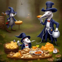 A Plague Doctor (AND) a Mouse having a port & cheese party in a forest of mushrooms by a river, art by Pixar and Disney