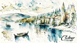 Couer D Alene lake drawn in a watercolor art style