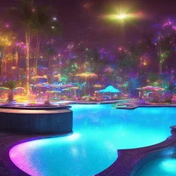 turquoise neon pool water sparkling at night in the dark detailed realistic glowing