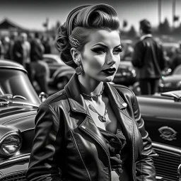 Create image: woman with a vintage pin-up hairstyle in greyscale tones stands in the foreground. She's wearing a zippered leather jacket and adorned with tattoos, a red bandana, earrings, and dark lipstick. In the background, a vivid scene of a drag race unfolds with classic cars and visible smoke above.