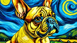 a painting of a french bulldog dog portrait in the style of vincent van gogh the starry night, thick paint, big brushstrokes.