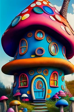 A (((mushroom house))), with vibrant colors, featuring a and a that exudes an era of youthful rebellion and iconic style