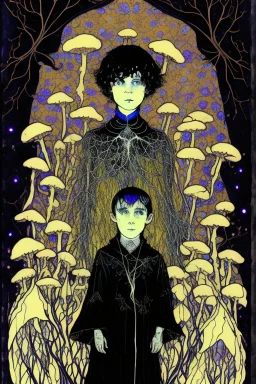 7 year old boy, friendly, looks dead, with weird mushrooms growing out of him, wearing black robes, in the style of Harry Clarke