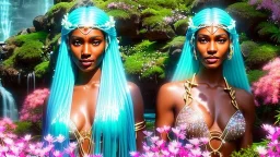 Photo realistic portrait of a gorgeous smiling skinny polynesian goddess with a golden dark shining skin, long smooth clear turquoise blue and pink white hair, blue eyes, in a sci-fi outfit with luminous strikes blowing a kiss in a hill of flowers with sakura trees, a waterfall, a crystal palace, loads of mini flowers, moss, sun rays through the branches, particles in the air at spring. Intricated details,