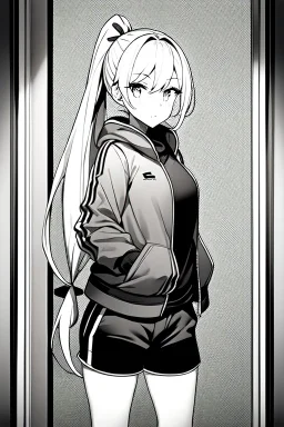 blonde girl with ponytails dressed in a jacket and shorts walks proudly in a corridor, greyscale