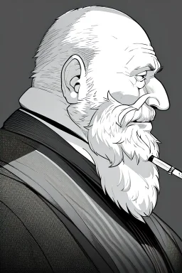 old man in profile smokes a cigar, shot hair, greyscale