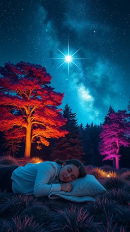 Sleeping beauty among beautiful colourful glowing trees and magnificent star