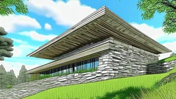 Digital rendering of a modern building with a unique architectural design. the building is located on a hillside with a grassy area in the foreground. the sky is blue and there are trees in the background. in the center of the image, there is a large stone wall with a wooden roof on top. the roof is supported by two columns and has a sloping design. on the left side of the wall, there are two smaller buildings, one on the right side and one in the distance. the wall appears to be made of stacked