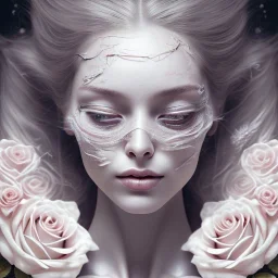 woman lying on satin pilow with closed eyes and cobwebs on face, hands crossed on chest holding roses, 8k, high-quality, fine-detail, intricate, sharp, crisp, digital art, detailed matte, illustration, octane render, brian froud, howard lyon, Anne Dittman, Anne Stokes, Lisa Parker, Selina French