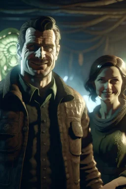 Nico Belic and woman in fallout 4 setting, bokeh, downlight, prize winning, depth of field, monster in background