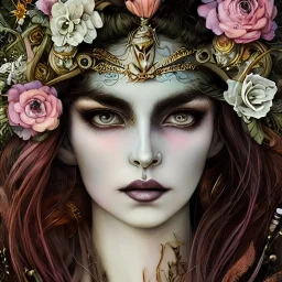 a drawing of a woman with flowers in her hair, by Android Jones, featured on deviantart, fantasy art, in the art style of mohrbacher, resembling a mix of grimes, girl with brown hair, an young urban explorer woman, sacred skull, accompanying hybrid, necrosis, woodpunk