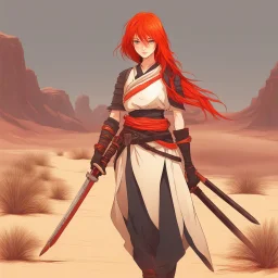 Girl samurai redhead in a desert valley, flame sword