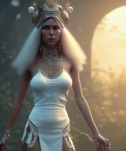 Gipsy, beautiful, curvy body, white fabric dress, beautiful long hair, bandana, head and shoulders portrait, holding tarot card, 8k resolution concept art portrait by Greg Rutkowski, Unreal Engine 5 volumetric lighting