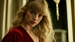 Photo is in sharp focus with high resolution during the middle of day and is a closeup of a beautiful and slender caucasian 16 year old girl with long wavy blonde hair and bangs. She has a small upturned nose, full lips, large dark eyes and with long eyelashes. She is wearing a red silk evening gown. She is in a castle room gazing at the viewer.