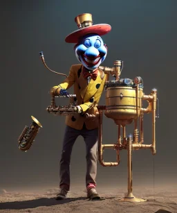 happy mechanoid clown playing jazz with a steampunk theme, realistic