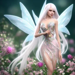 cute fantasy fairy with transparent wings, smiling, make up, long platinum blond hair with crown and flowers, pink dress, unity engine