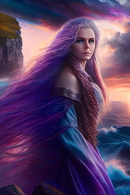 half body shot,realistic portrait of a 20-25 old femal model, long blue pink flowing hair, great grey eyes, ,full body, standing in rocky beach , very big ship, stormy sea with sunset ,clouds,god rays ,storm,rocky beach