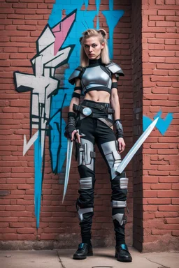 teen woman in retro-futurist cyberpunk costuming with pants and sheathed swords leaning to the side with shoulder against a brick pillar and legs crossed, background is brick with graffiti of a large arrow pointing to the right and text of the word "PUB" on lower left