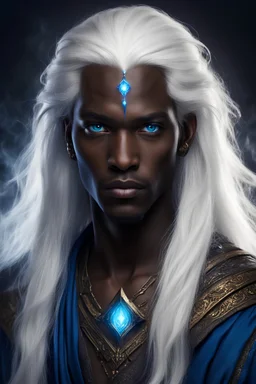 young sorcerer from an ancient era, dark skin, blue eyes, long white hair. With penetrating gaze
