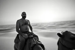 man looking like Walter White in breaking bad, bald, with bare chest riding on a camel in sahara in desert, panorama, black and white photo, staring at horizon