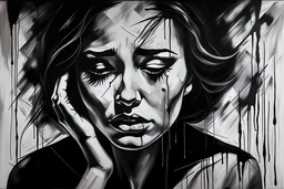a black and white painting, abstract, sad , broken woman